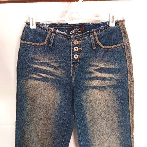 VTG Lazer Boot Cut Jeans Juniors 3 Blue Denim Flared Y2K Button Distressed - Picture 3 of 5
